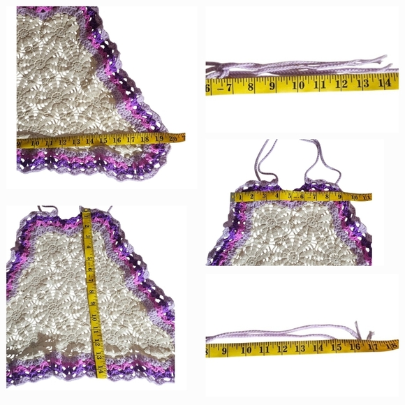Handmade White Crochet Halter Crop-Top Floral Hand Knit Triangular Shape Purple - Picture 14 of 17